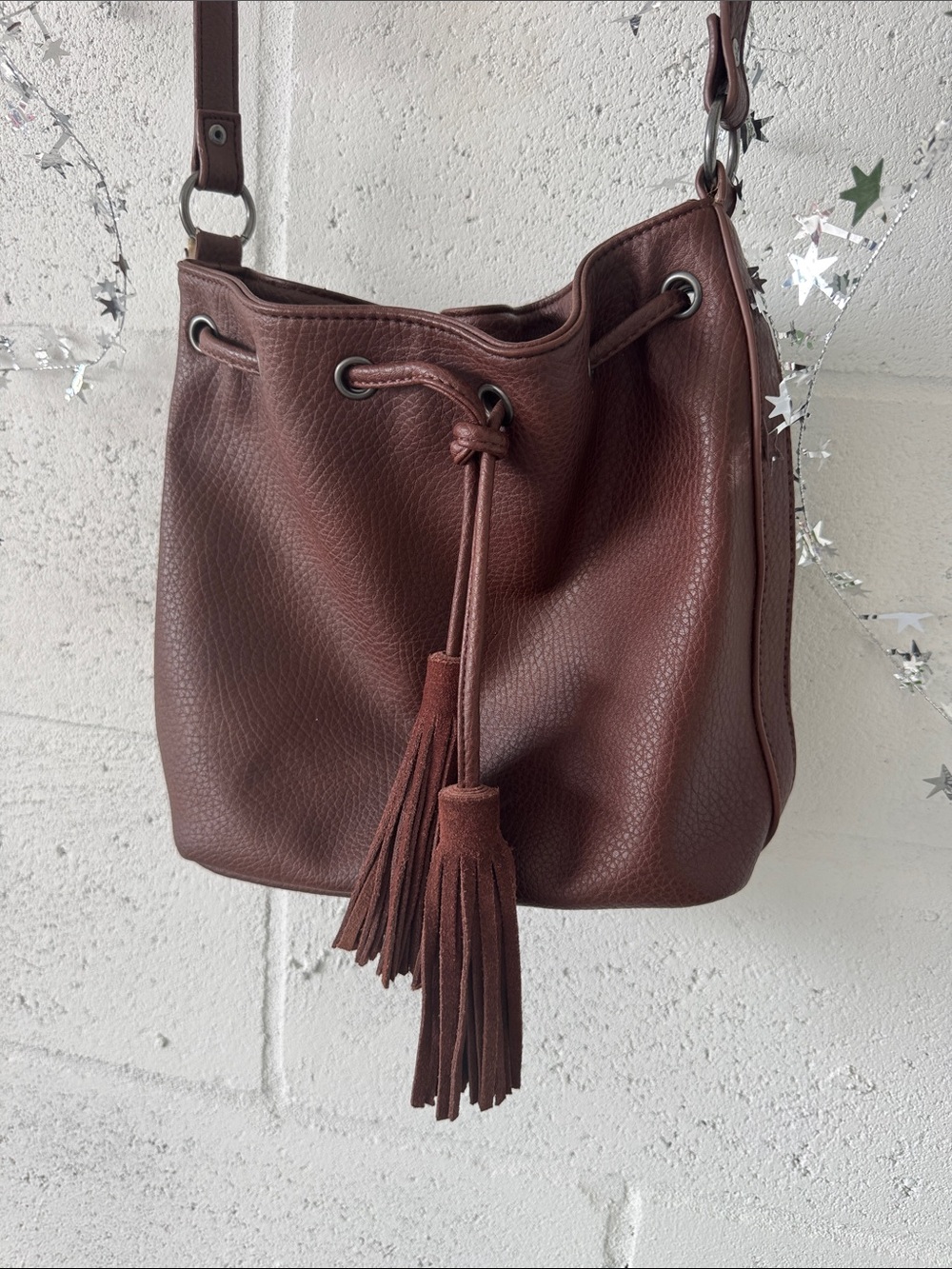 Boho Leather Bucket Bag - Dark Brown Tassel Crossbody - Picture 3 of 8